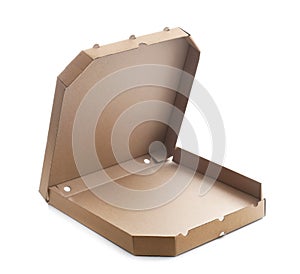 Open cardboard pizza box on white background