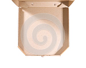 Open cardboard pizza box on white background, top view.