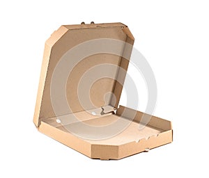 Open cardboard pizza box on white. Food delivery