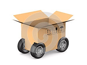 Open cargo box with wheel on white background. Isolated 3D illustration