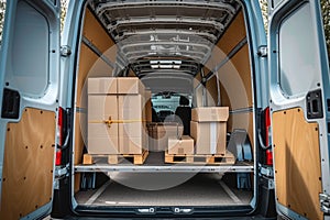 Open cargo van with cardboard boxes, concept of moving