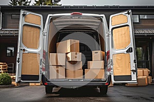 Open cargo van with cardboard boxes, concept of moving