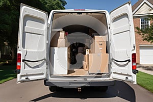 Open cargo van with cardboard boxes, moving concept. Generative AI