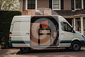 Open cargo van with cardboard boxes, moving concept. Generative AI