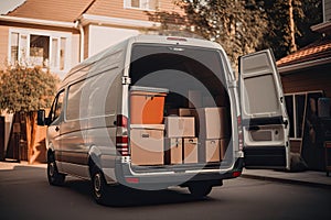 Open cargo van with cardboard boxes, moving concept. Generative AI