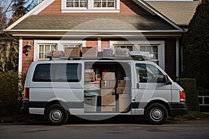 Open cargo van with cardboard boxes, moving concept. Generative AI