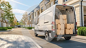 Open cargo van efficiently transports cardboard boxes, showcasing seamless transition on moving day, Ai Generated