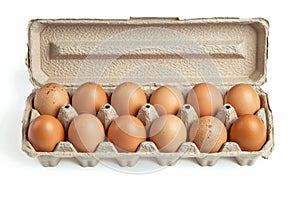 Open carton of brown eggs on white background. Neural network AI generated