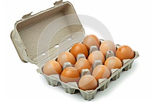 Open carton of brown eggs on white background. Neural network AI generated