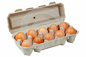 Open carton of brown eggs on white background. Neural network AI generated