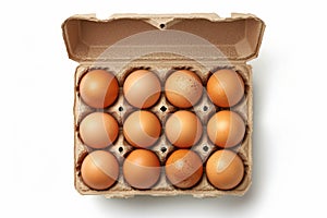 Open carton of brown eggs on white background. Neural network AI generated