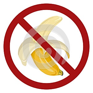 An open cartoon banana in red prohibition sign. Danger of allergies from tropical fruits. Ban food. Vector flat forbidden sign
