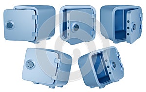 Open cartoon safe set. Isolated blue metal safes in different angles. 3D rendering.