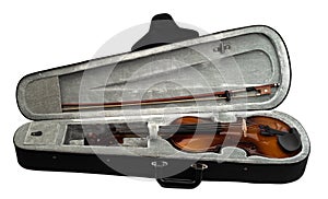 Open case with violin and bow inside.