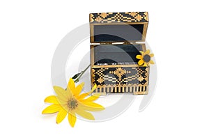 The open casket decorated with two yellow florets isolate