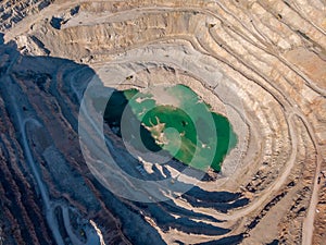 Open cast limestone quarry, aerial view. Mining industry