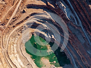 Open cast quarry for digging and production of flux limestone, gravel material, crushed stone and sand, aerial view