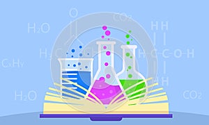 Open chemistry book concept background, flat style