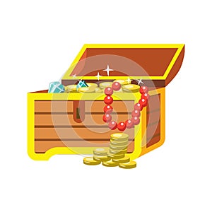 Open chest with shining pirate treasures on white background