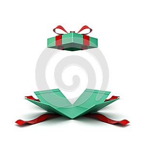 Open christmas gift box or green present box with red ribbon and bow isolated on white background