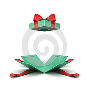 Open christmas gift box or green present box with red ribbon and bow isolated on white background