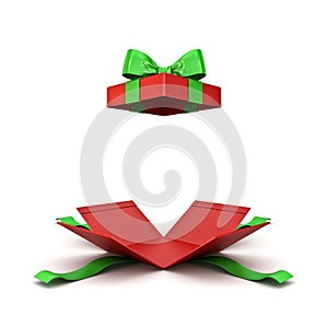 Open christmas gift box or red present box with green ribbon bow isolated on white background