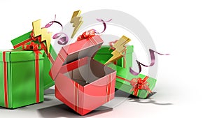 Open christmas gift boxes and accessories background 3d render on white
