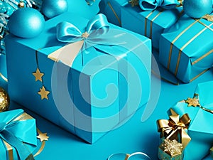 Open Christmas presents Gift boxes tied with velvet ribbons and pape decoration with background