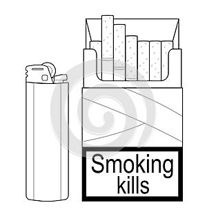 Open cigarettes pack with gas lighter. Contour
