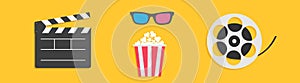 Open clapper board. 3D glasses Movie reel Popcorn box. Cinema icon set line. Flat design style. Yellow background. Isolated