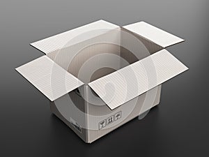 Open clear white cardboard delivery box 3d render on darck background