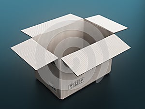 Open clear white cardboard delivery box 3d render on darck blue background