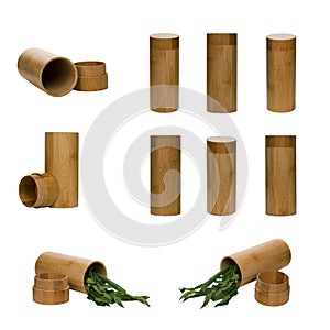 Open and close cylindrical box made of bamboo sawn from different angles with fresh green tea leaves