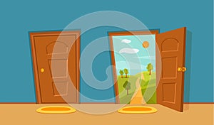 Open and close door cartoon colorful vector illustration.