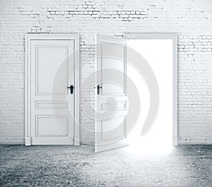 Open and close door in white brick wall