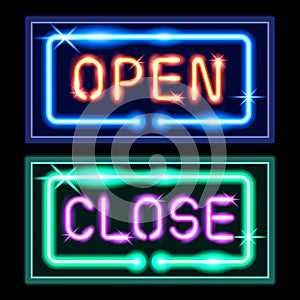 open and close glow neon signs realistic isolated