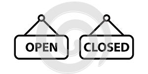 Open and close label hanging door sign icon vector for graphic design, logo, web site, social media, mobile app, ui illustration