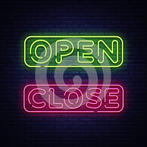 Open Close Neon Text Vector. Open Close neon signboard, design template, modern trend design, night neon signboard