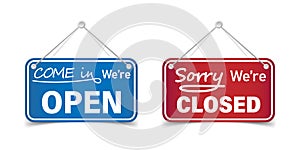 Open and closed banner icon in flat style. Schedule on door vector illustration on white isolated background. Come sign business
