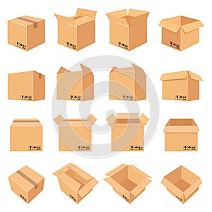 Open and closed cardboard box. Delivery package in side, front and top view. Packaging process. Carton boxes with