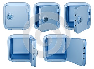 Open and closed cartoon safe set. Front view of isolated blue metal safes. 3D rendering.