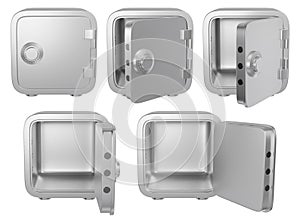 Open and closed cartoon safe set. Front view of isolated metal safes. 3D rendering.