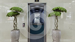 Open and closed chrome metal office building elevator doors concept animation