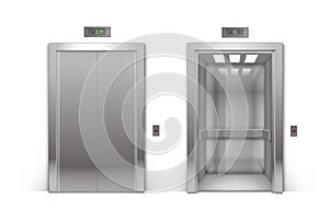 Open and Closed Chrome Metal Office Elevator Doors