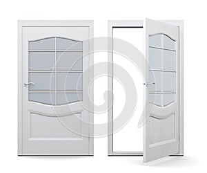 Open and closed door on white background. 3d render ima