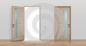 Open and closed doors. Realistic 3D white and brown home and office entry doors. Vector different front doors set