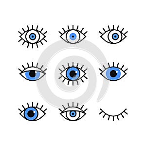 Open and closed eyes line icons set on white background. Look, see, sight, view sign and symbol. Vector linear graphic