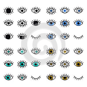 Open and closed eyes line icons set on white background. Look, see, sight, view sign and symbol. Vector linear graphic
