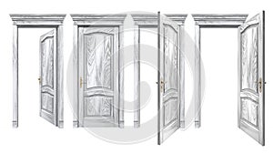 Open and closed gray doors with arched panels, cornice, columns. Old wooden doorways with vintage texture trim, isolated on white