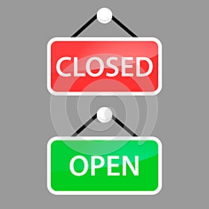 Open and closed icon, hanging Rectangular door sign with text open and closed in green, red, black and white on